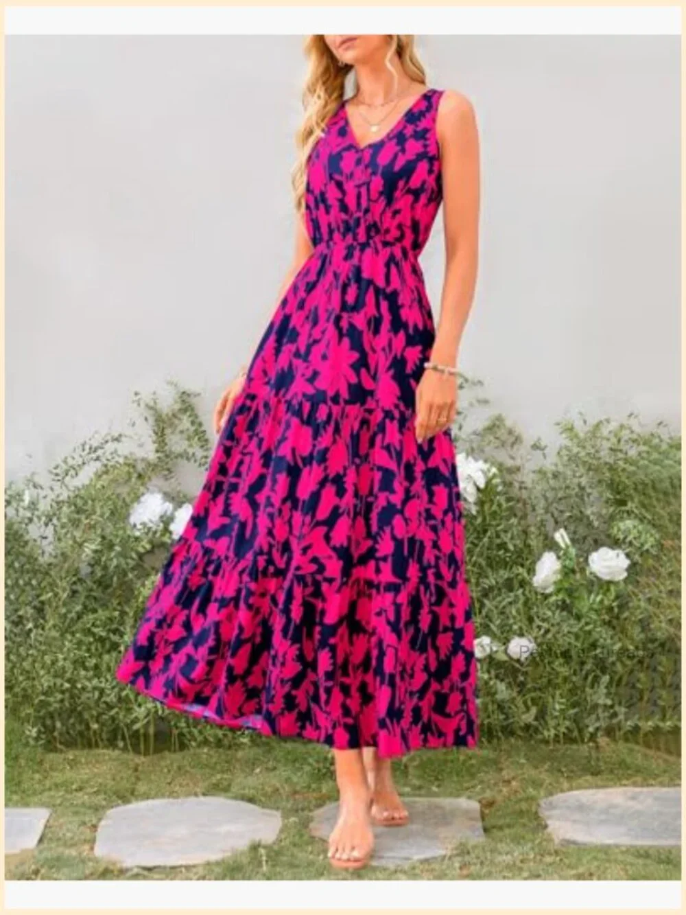 Women's Sleeveless Floral Maxi Dress with V Neck & High Waist - Picture 3 of 7